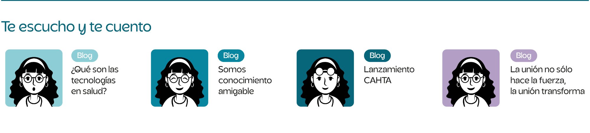 Cuatro entradas de blog de CAHTA con el personaje en distintos colores
