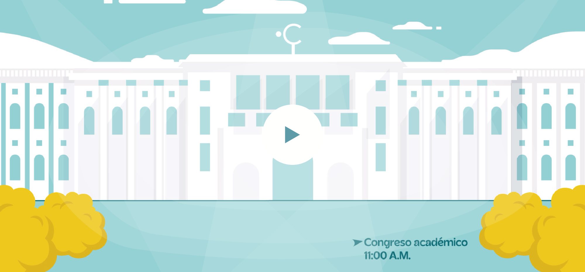 Ilustración de CAHTA con un edificio y el texto Congreso académico 11:00 A.M.