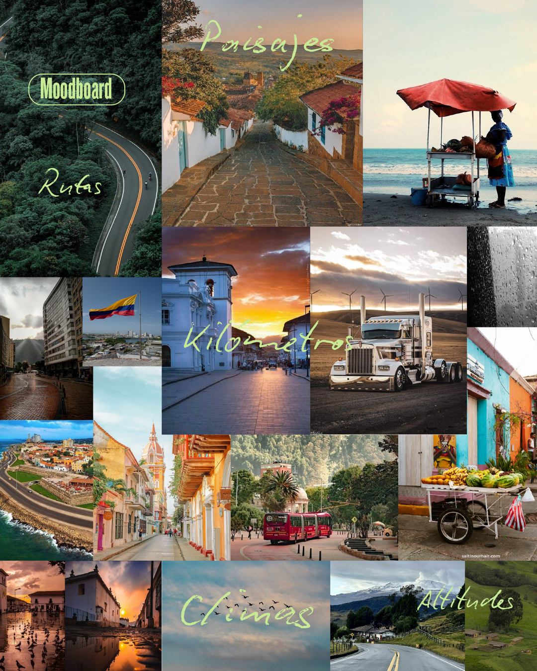 Moodboard de RDL Transportes con paisajes, rutas, ciudades y altitudes de Colombia